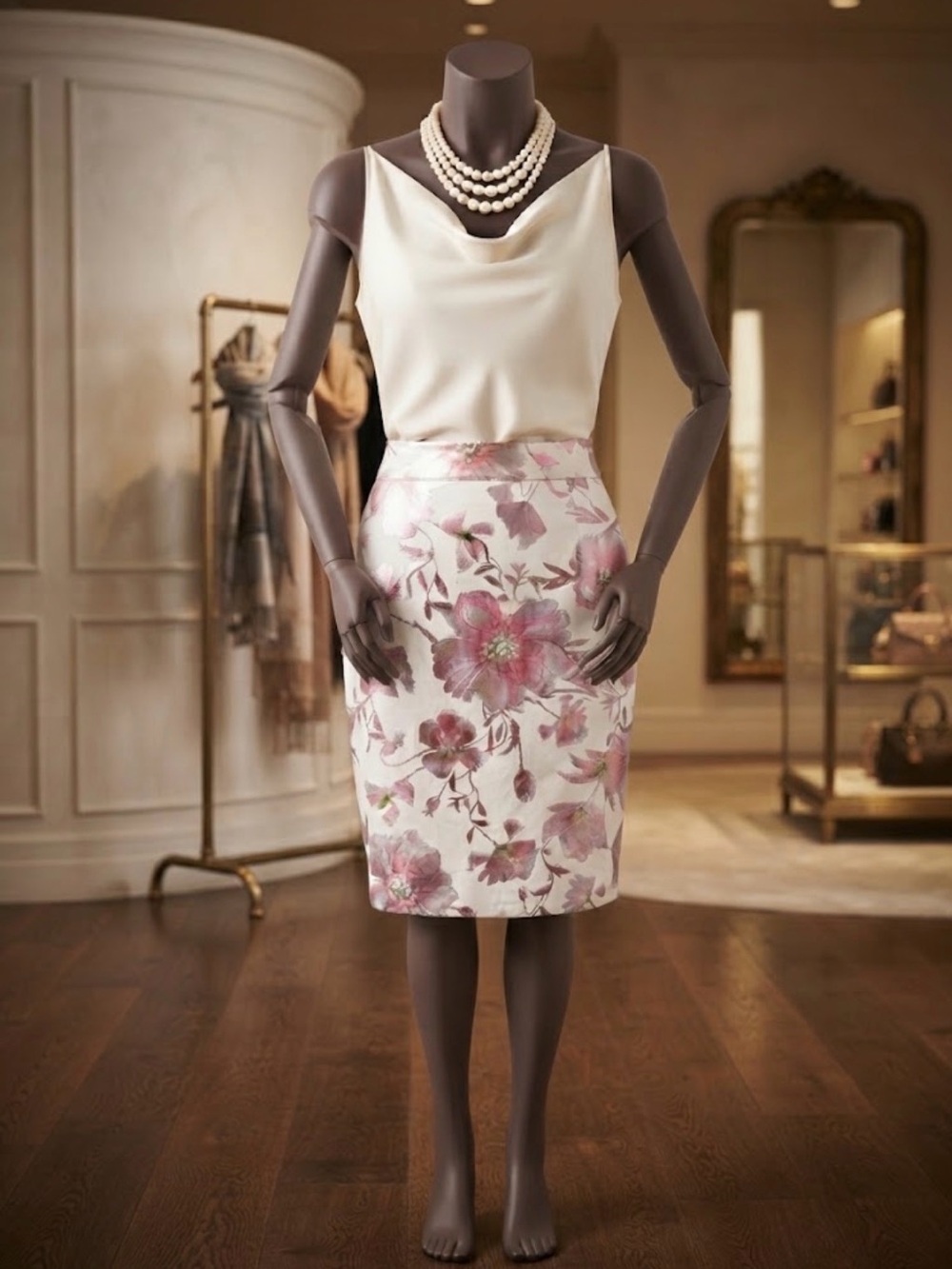 ECI Cream Pencil Skirt with Pink Floral Foil